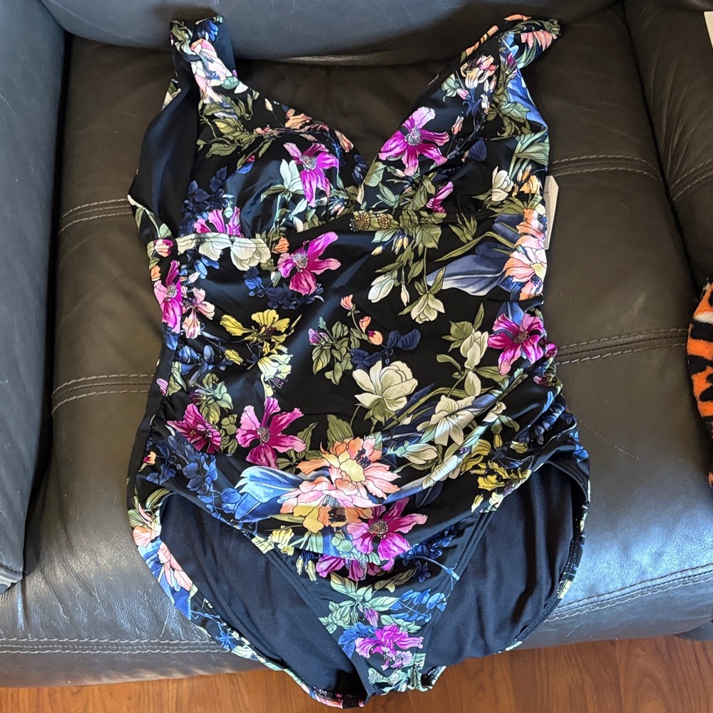 Time and Tru Floral One Piece Swimsuit - Black and Multicolor